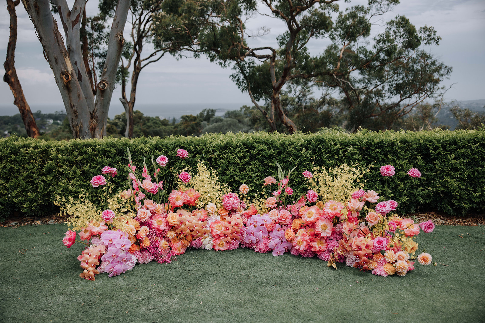 Japonica wedding florals in situ